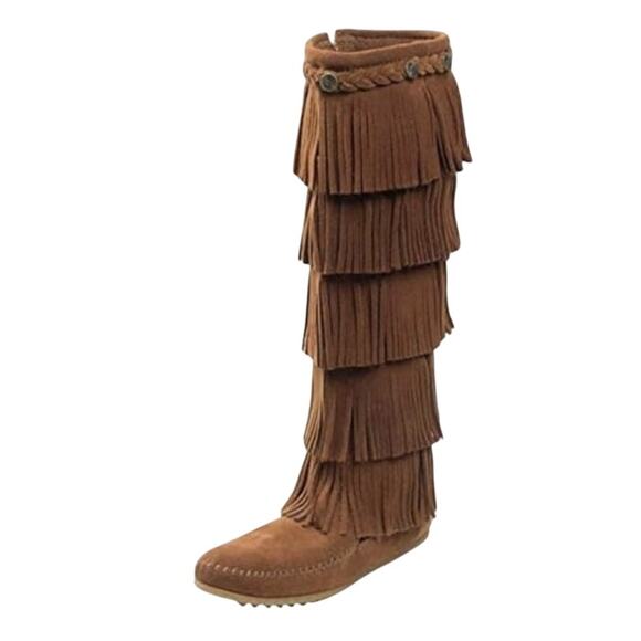 Minnetonka Boho Layered Fringe Suede Leather Tall Flat Boots Size 6 like NEW - Picture 3 of 13
